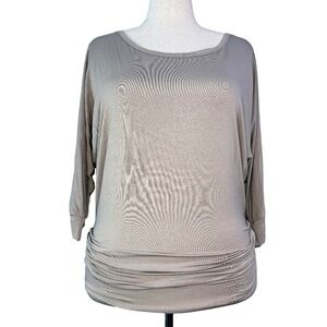 Taupe Dolman Boat Neck 3/4 Sleeve Ruched Hem Top XL